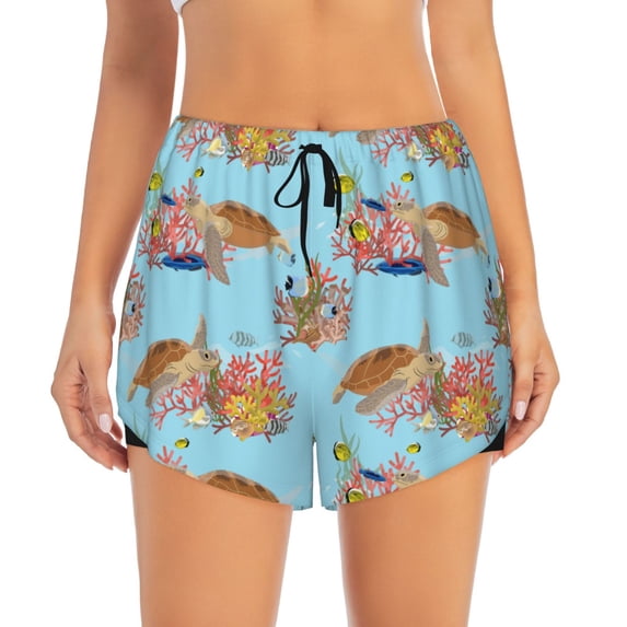 Disketp Turtles And Corals Print Women's Shorts Workout Shorts for Athletic Gym Running Shorts with Phone Pockets Small