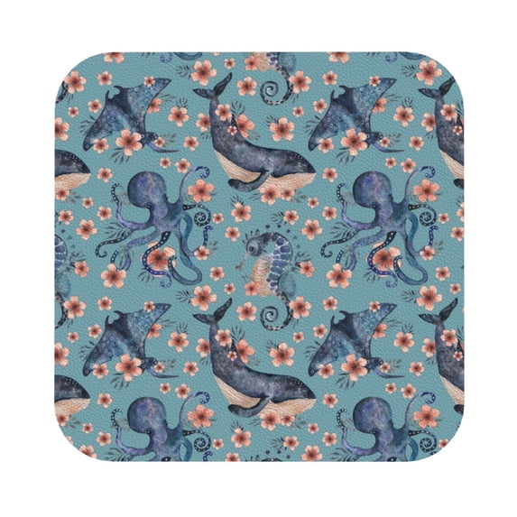 Disketp Underwater Animals And Flowers Funny Coasters,4 Pcs Leather Coasters With Holder, Perfect Housewarming Hostess Gifts,Protect Furniture From Water Marks Scratch And Damage