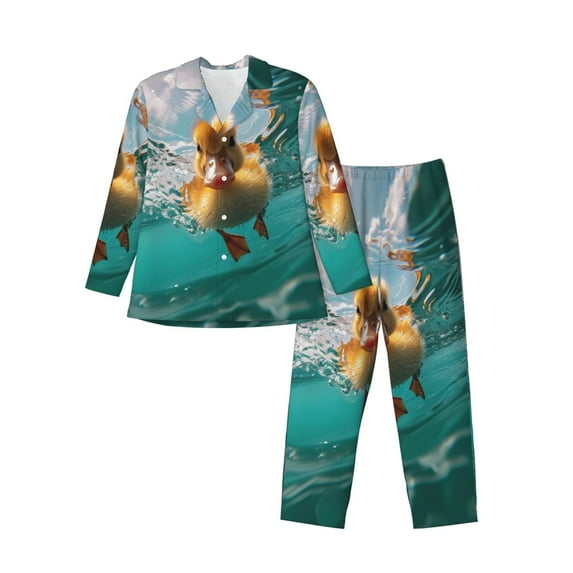 Disketp Underwater Swimming Duck Mens Pajama Set, Soft Warm Long Sleeve Sleepwear, Cozy Button-Down Pjs for Men-Small