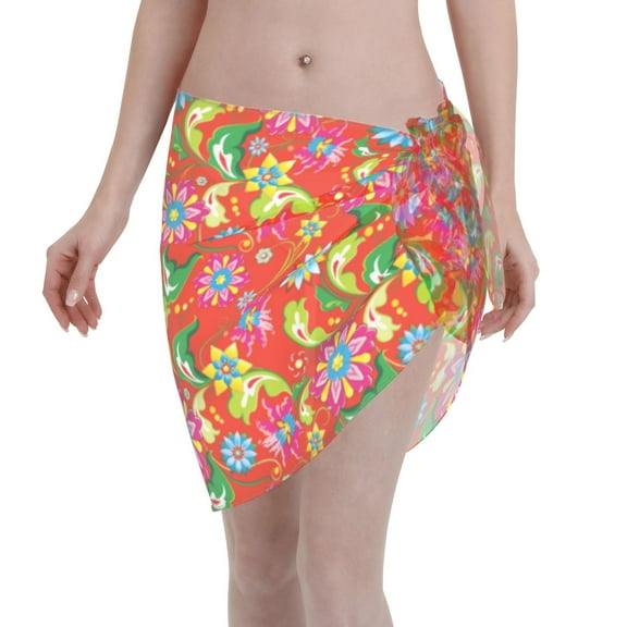 Disketp Vector Mexican Otomi Style Bright Women Swimsuit Cover Up Short Chiffon Summer Beach Sarong Bikini Wrap Skirt Bathing Suit