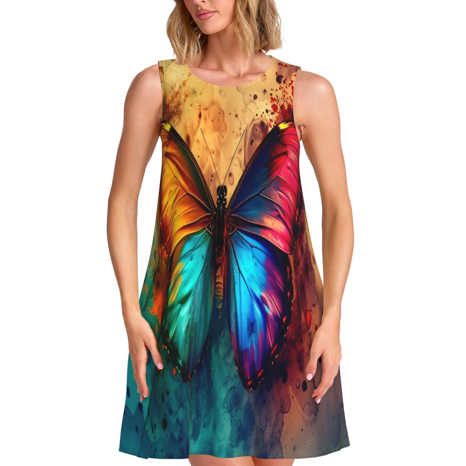Rainbow Gradient Butterfly Print V-Neck Sleeveless Fashion Midi Dress