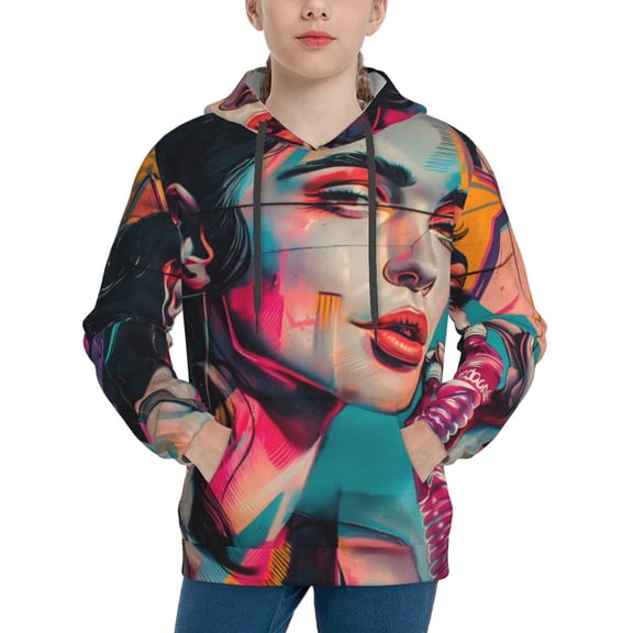 Disketp Vibrant Street Art Portrait Youth Hoodie Sweatshirt for Boys Girls Kids Pullover Hooded Classic Casual Essentials Hoodie-Small