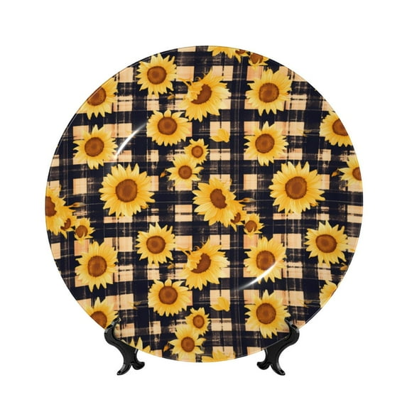 Disketp Vintage Black White Plaid Sunflowe Ceramic Plate Dinner Plates Bone China Decorative Plates Art Ceramic Ornaments for Wall Hanging Decoration -6in