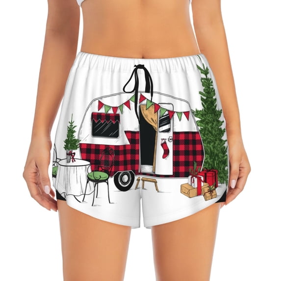Disketp Vintage Buffalo Plaid Christmas Camper Print Women's Shorts Workout Shorts for Athletic Gym Running Shorts with Phone Pockets Small