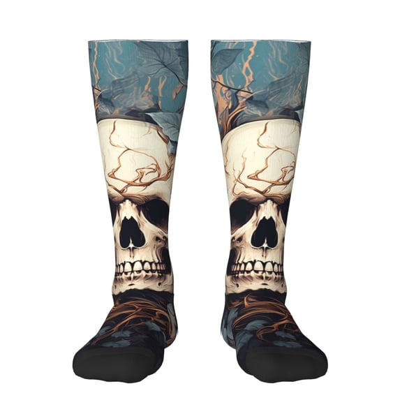 Disketp Vintage Leaf Flower Skull Print Unisex Contrast Color Stockings Lightweight Breathable Ventilation Ankle Contrast Color Stockings, Contrast Color Stockings for Daily