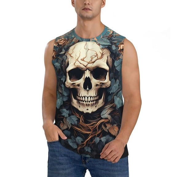Disketp Vintage Leaf Flower Skull Sleeveless Tshirts for Men, Muscle Shirts for Men Dry Fit Tank Top-Large