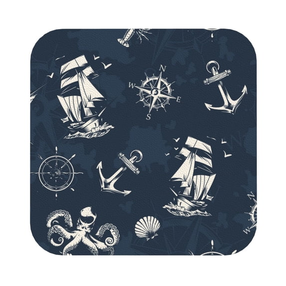 Disketp Vintage Marine Funny Coasters,4 Pcs Leather Coasters With Holder, Perfect Housewarming Hostess Gifts,Protect Furniture From Water Marks Scratch