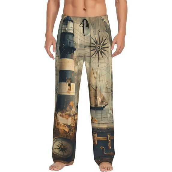 Disketp Vintage Nautical Lighthouse Men's Pajama Pants - Ultra Soft Fleece Sleep and Lounge Pants (Size: S-XXL)-Large