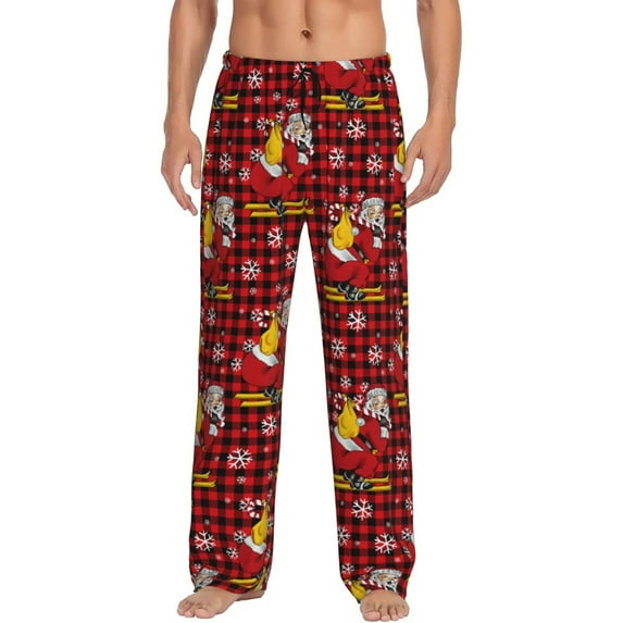 Disketp Vintage Santa Skiing Red Plaid Men's Pajama Pants - Ultra Soft Fleece Sleep and Lounge Pants (Size: S-XXL)-