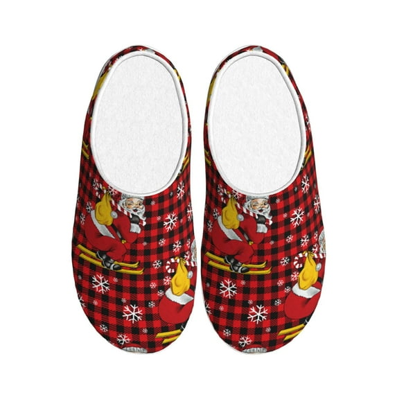 Disketp Vintage Santa Skiing Red Plaid Women's Men's Slippers Plush Slip-On House Slipper for Winter Indoor Soft Cushion Non-slip Fluffy Slides Slippers-46/47