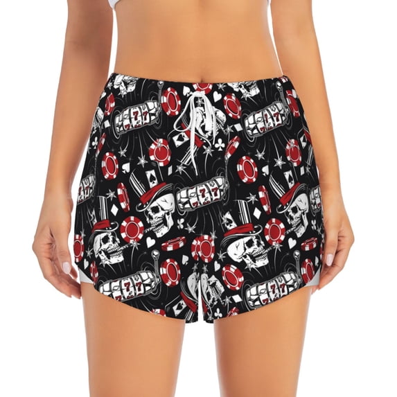 Disketp Vintage Skull Casino Print Women's Shorts Workout Shorts for Athletic Gym Running Shorts with Phone Pockets X-Large