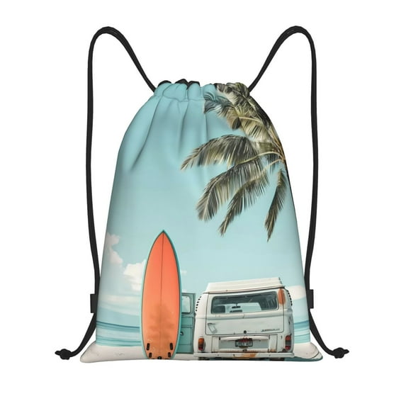 Disketp Vintage Surf Van Beach Drawstring Backpack Drawstring Gym Bags Draw String Bags for Sports, Gym, Travel, Swimming, Beach-Medium