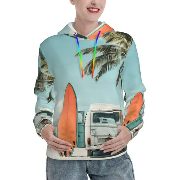 Disketp Vintage Surf Van Beach Womens Casual Hoodies Crew Neck Long Sleeve Sweatshirts Pullover Tops-Large