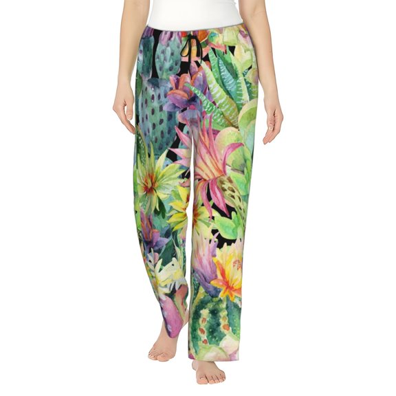 Disketp Watercolor Blooming Cactus Print Women'S Comfy Pajama Pants Casual Drawstring Palazzo Lounge Wide Leg Pants