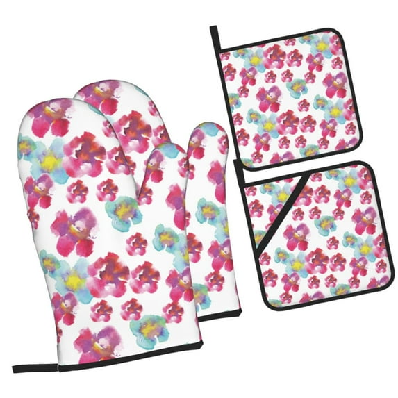 Disketp Watercolor Flowers Oven Mitts and Potholders BBQ Gloves-Oven Mitts and Pot Holders Cooking Baking Grilling(4-Piece Set)