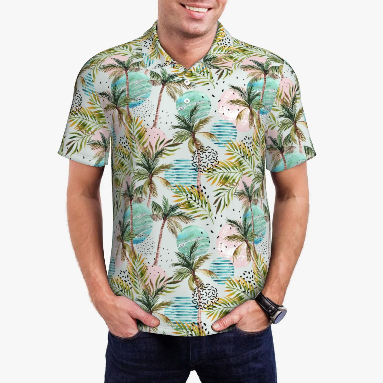 Island Palm Tree Hawaiian Print Men's Golf Shirts