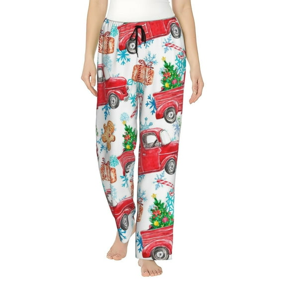 Disketp Watercolor Red Truck And Fir Tree Print Women'S Comfy Pajama Pants Casual Drawstring Palazzo Lounge Wide Leg Pants