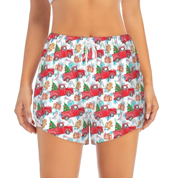 Disketp Watercolor Red Truck And Fir Tree Print Women's Shorts Workout Shorts for Athletic Gym Running Shorts with Phone Pockets Medium