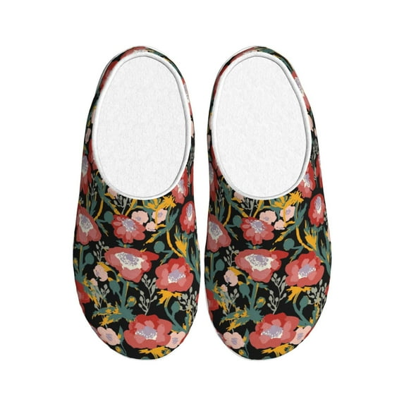Disketp Watercolor Red Wildflowers Women's Men's Slippers Plush Slip-On House Slipper for Winter Indoor Soft Cushion Non-slip Fluffy Slides Slippers-8