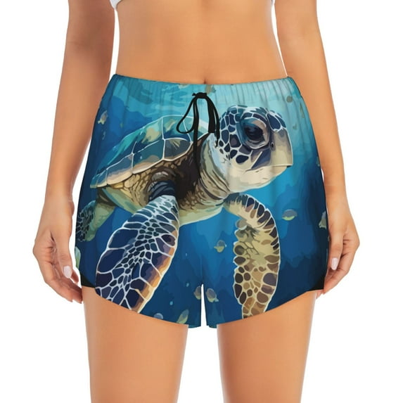 Disketp Watercolor Turtle Print Women's Shorts Workout Shorts for Athletic Gym Running Shorts with Phone Pockets