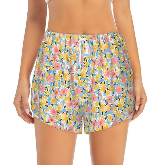 Disketp Watercolor Wildflowers Print Women's Shorts Workout Shorts for Athletic Gym Running Shorts with Phone Pockets Small