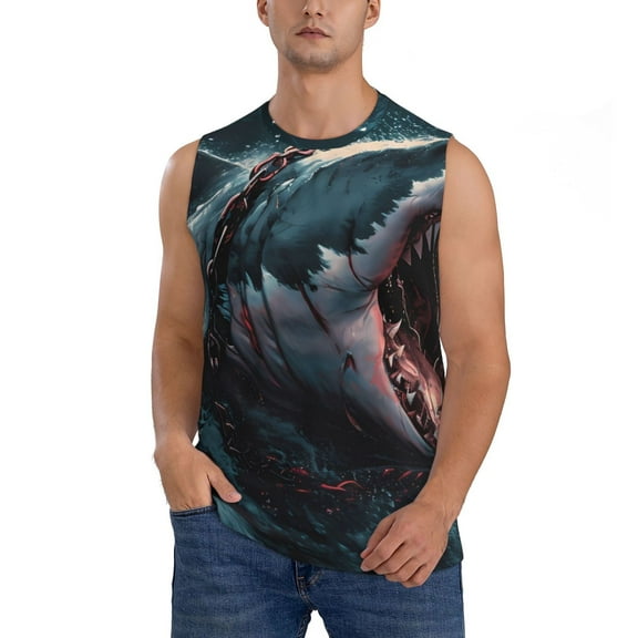 Disketp Wave Chain Shark Sleeveless Tshirts for Men, Muscle Shirts for Men Dry Fit Tank Top-Small
