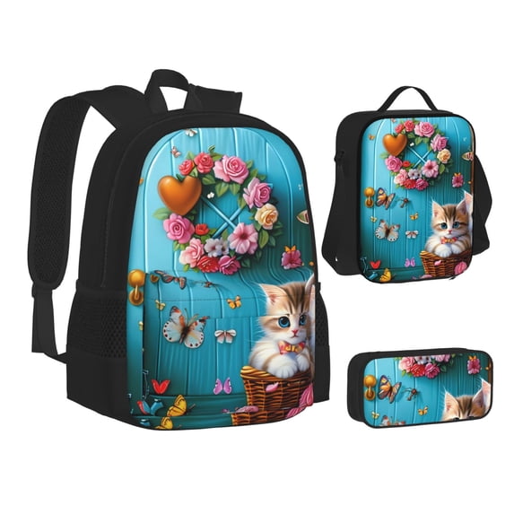 Disketp Whimsical Cats and Flowers Scene Large Capacity Backpack Lunch Bag Pencil Case Combination 3 Piece Set for Student