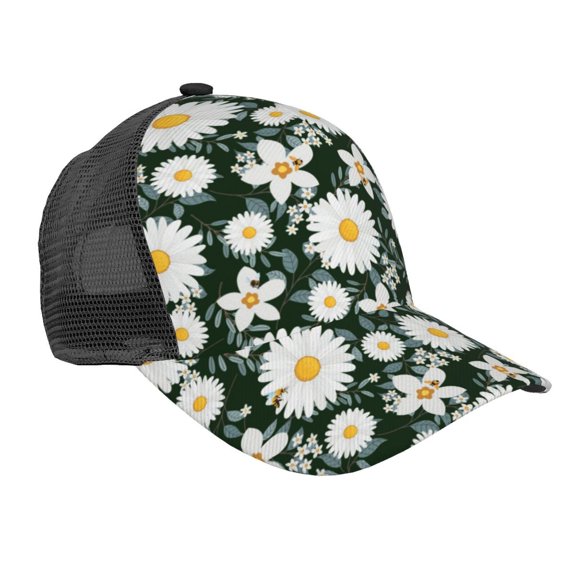 Disketp White Daisies and Bee Print Trucker Hat Men Women - Mesh Baseball SnapBack Cap