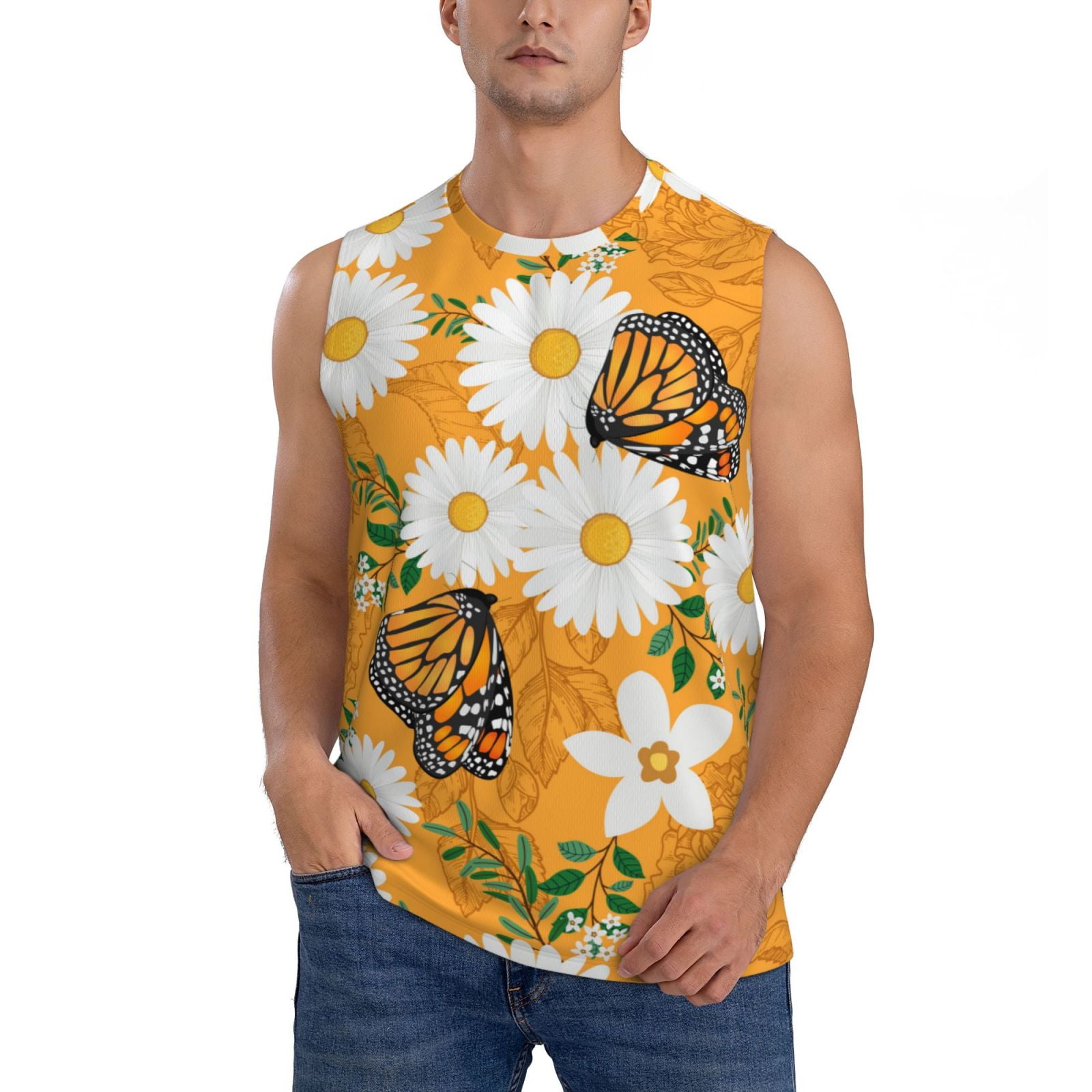 Disketp White Floral And Butterflies Sleeveless Tshirts For Men, Muscle ...