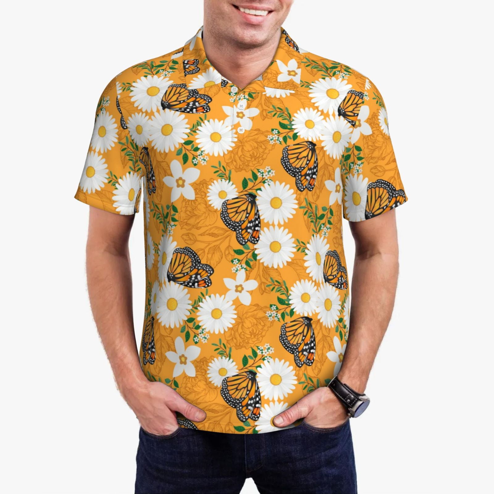 Floral Mint Butterfly Print Men's Golf Shirts