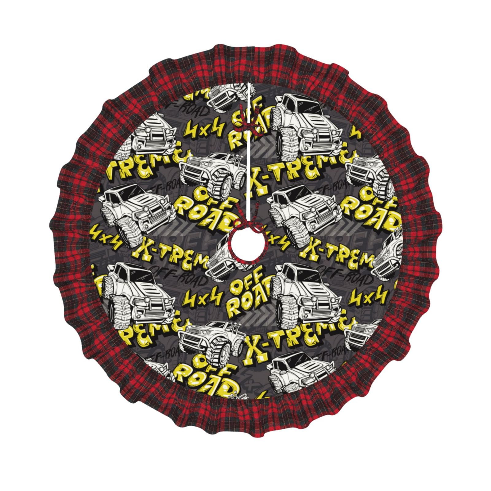 Disketp White Retro OffRoad Vehicle Christmas Tree Skirt Plaid Tree
