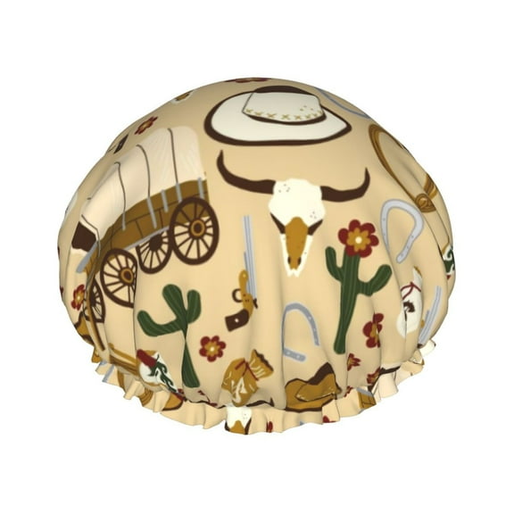 Disketp Wild West Cowboy Shower Caps,Reusable Shower Cap For Women, Double Layer Waterproof Hair Cap, Large Size For All Hair Lengths,For Girls Spa Home Salon Use