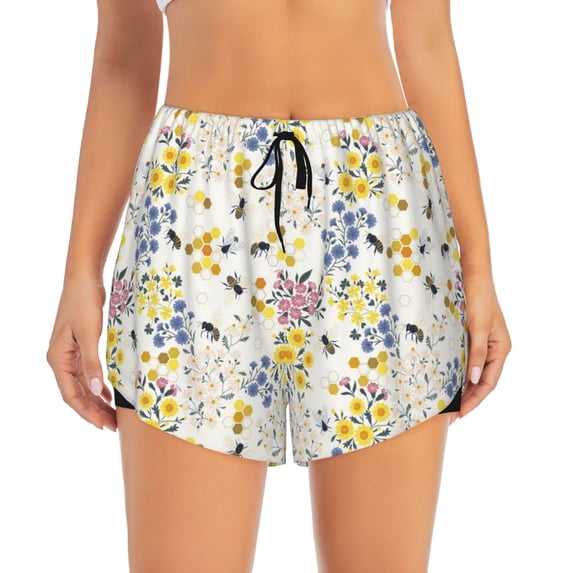 Disketp Wildflower Honeybee Print Women's Shorts Workout Shorts for Athletic Gym Running Shorts with Phone Pockets Large