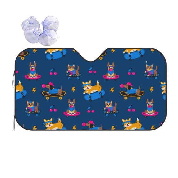 Disketp Windshield Sun Shade, Car Sun Shade for Front Window Dogs Riding Skateboard Sunshades Sun Visor Protector Blocks UV Rays Foldable