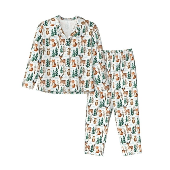 Disketp Winter Woodland Friends Pajamas Set Long Sleeve Sleepwear Womens Button Down Nightwear Pj Sets-{designName}-Large
