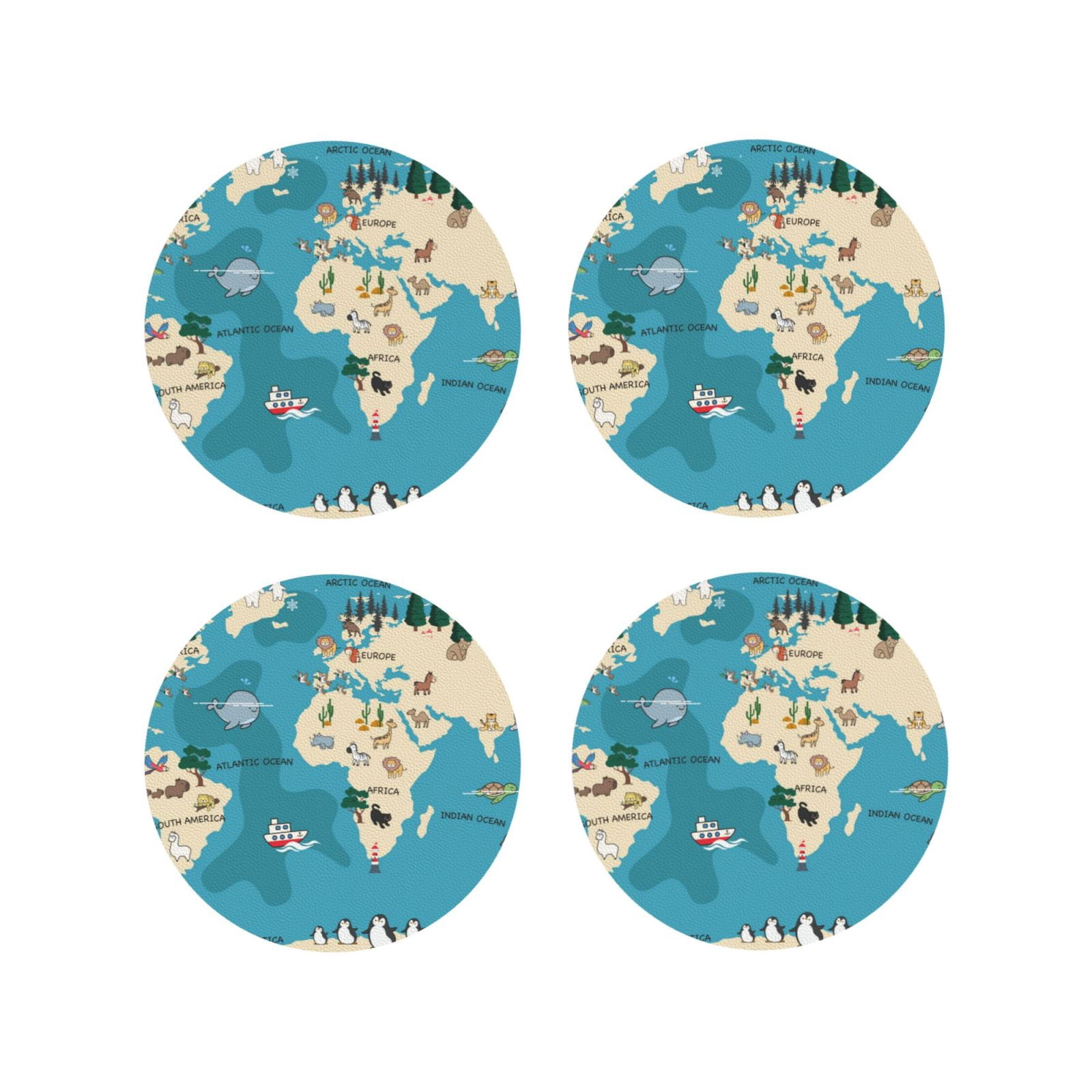 Round Map Coaster Disketp World Map With Animal Funny Coasters,4 Pcs Leather Coasters ...