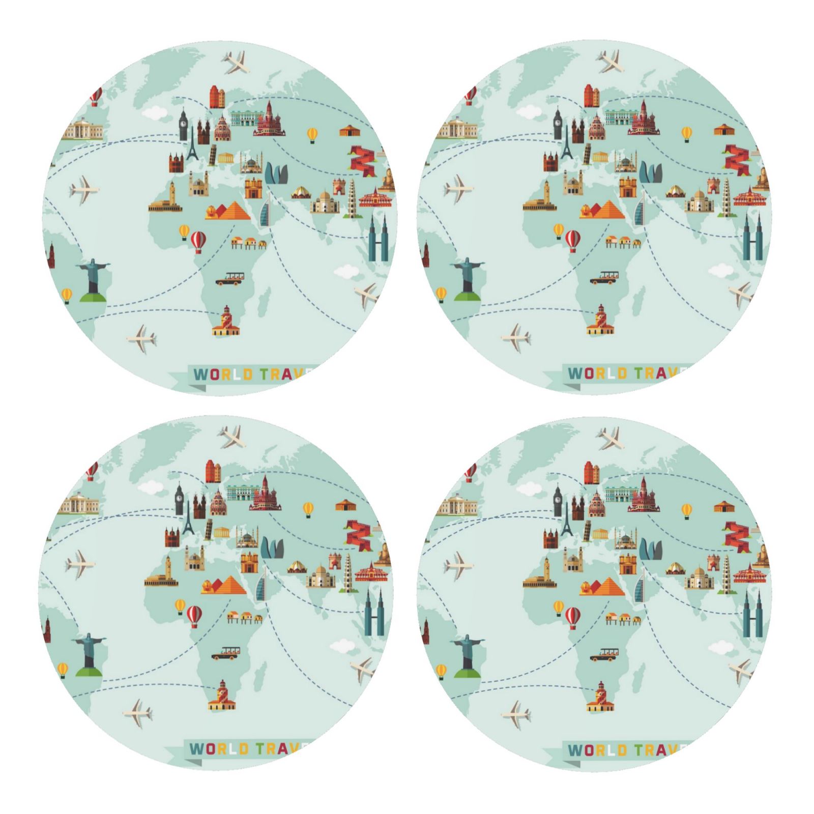 Round Map Coaster Disketp World Travel Map MDF Cork Coaster 4 Pcs - Absorbent Beverage ...