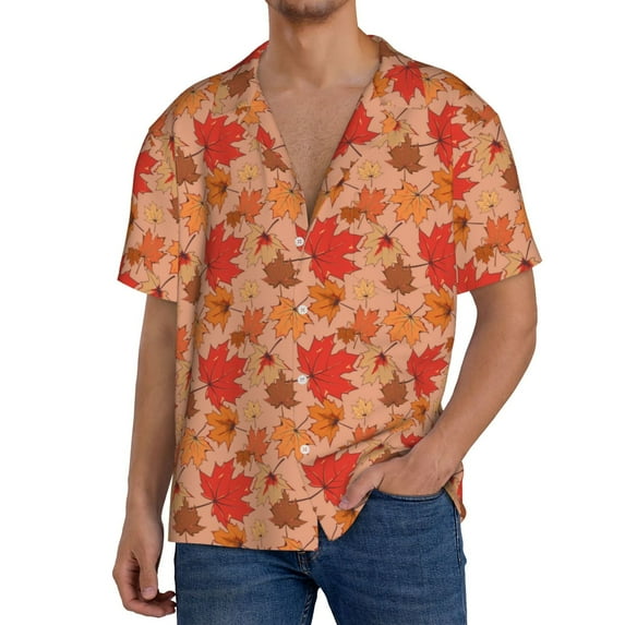 Disketp Yellow And Red Maple Leaves Men's Hawaiian, Shirts Button Down Holiday Beach Shirts-{sizeName}-Small