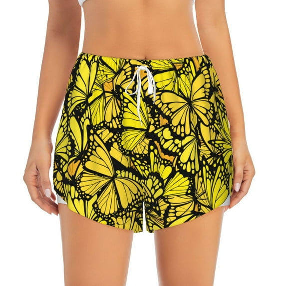 Disketp Yellow Butterflies Print Women's Shorts Workout Shorts for Athletic Gym Running Shorts with Phone Pockets Medium