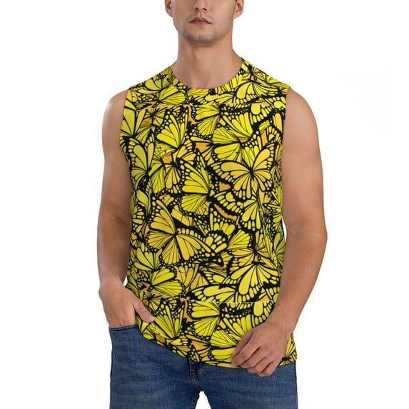 Disketp Yellow Butterflies Sleeveless Tshirts For Men, Muscle Shirts For Men Dry Fit Tank Top-Large