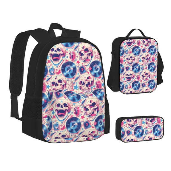 Disketp blue record rock Skull Large Capacity Backpack Lunch Bag Pencil Case Combination 3 Piece Set for Student
