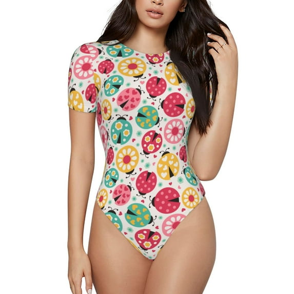 Disketp cartoon ladybird for Women's Short-Sleeved Onesie Fit Top T-Shirt Round Neck Basic Casual T-shirt Bodysuits-Medium