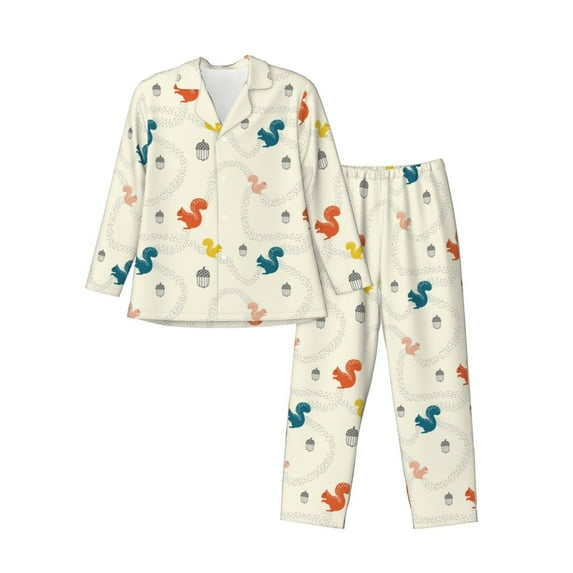 Disketp colorful Squirrel Nuts Mens Pajama Set, Soft Warm Long Sleeve Sleepwear, Cozy Button-Down Pjs for Men-X-Large