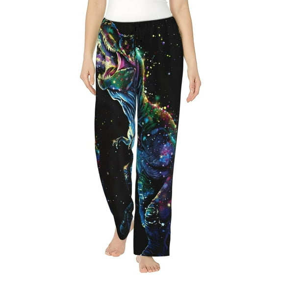 Disketp colorful flames dinosaur Women's Comfy Pajama Pants Casual Drawstring Palazzo Lounge Wide Leg Pants-X-Large