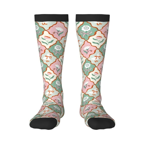 Disketp flowers and white geese Print Unisex Contrast Color Stockings Lightweight Breathable Ventilation Ankle Contrast Color Stockings, Contrast Color Stockings for Daily