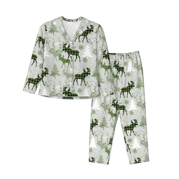Disketp green plaid Moose tree Pajamas Set Long Sleeve Sleepwear Womens Button Down Nightwear Pj Sets-{designName}-Large