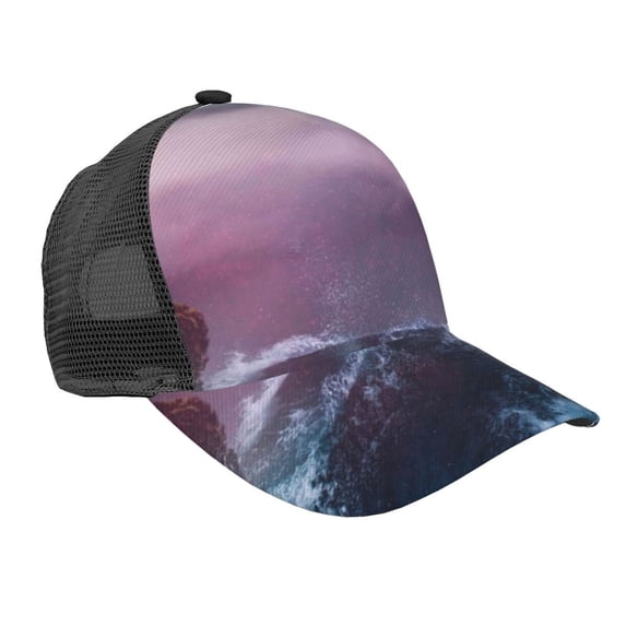 Disketp lighthouse Waves Torrential Rain Print Trucker Hat Men Women - Mesh Baseball SnapBack Cap