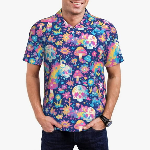 Disketp mushroom Skull rainbow color for Men's Polo Shirts Short Sleeve Golf Shirt for Men Athletic Short Sleeve-Small