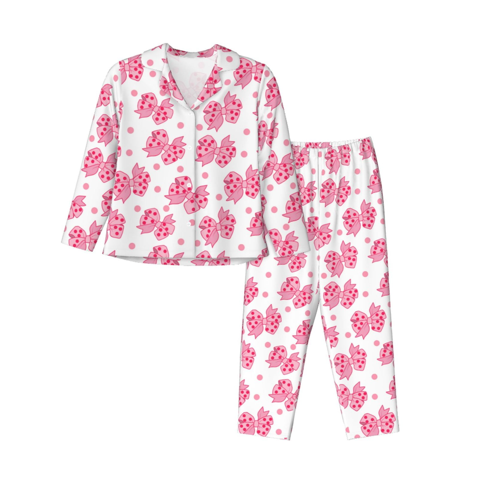 Disketp pink polka dot bows Pajamas Set Long Sleeve Sleepwear Womens ...