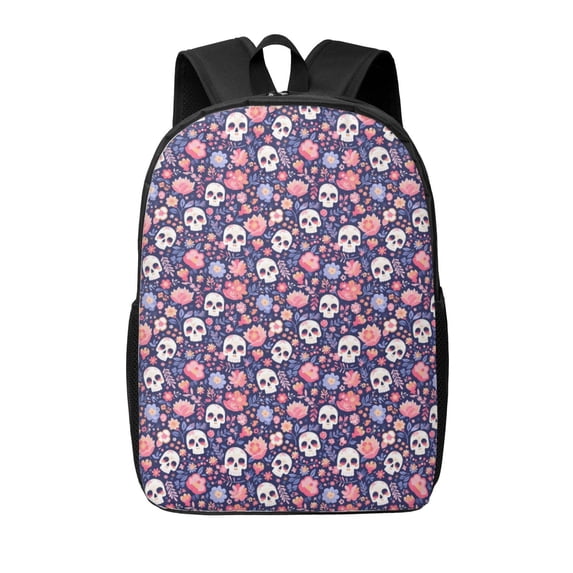 Disketp white Skull Flower School Backpack, Lightweight Basic Middle School Bookbags 17 Inch Casual Daypack for Student College, Travel or Outdoor